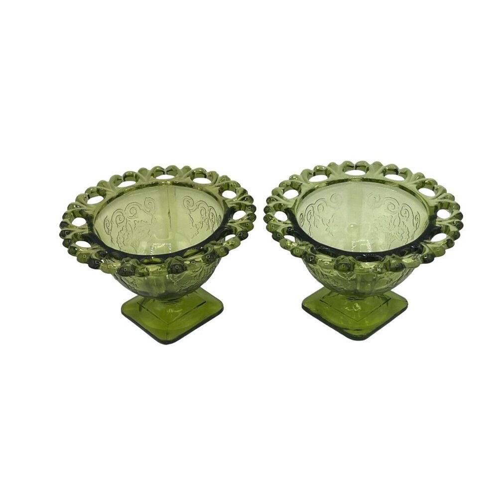 Vintage Green Glass Dessert Bowls Set Of 2 With Decorative Rim Floral Design - Picture 2 of 15